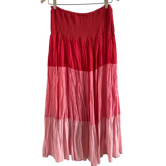 Oliphant Tiered Boho Maxi Skirt Pink Red Smocked Waist Size S - Picture 6 of 8